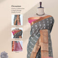 Elampillai silk cotton saree with floral zari buttas striped body and contrast zari border front drape view on mannequin