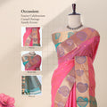 Pink Elampillai silk cotton saree with zari square motifs and paisley woven border front draped view on mannequin