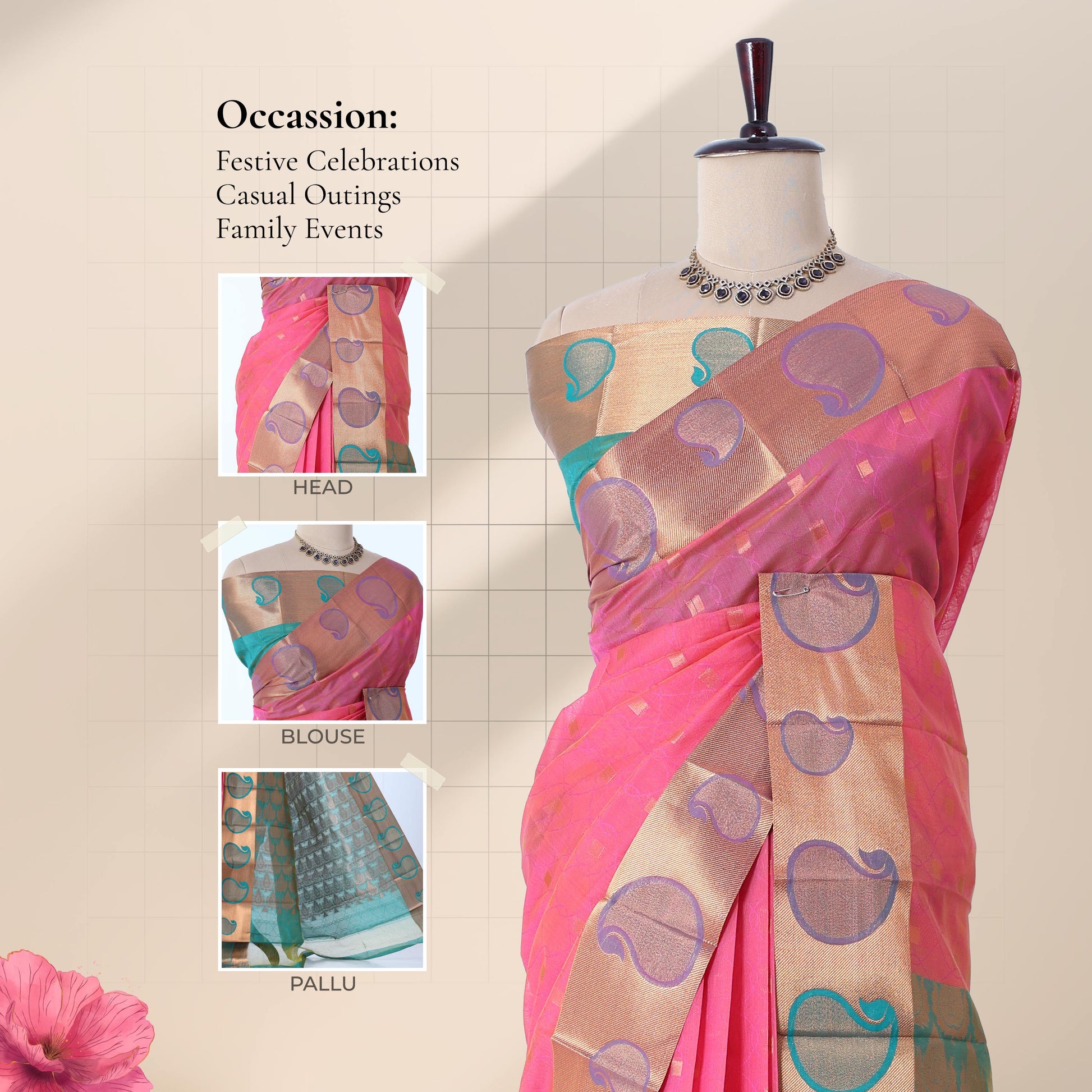 Pink Elampillai silk cotton saree with zari square motifs and paisley woven border front draped view on mannequin
