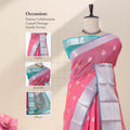 Pink Elampillai silk cotton saree with silver zari floral border zari buttas and vertical stripes front view