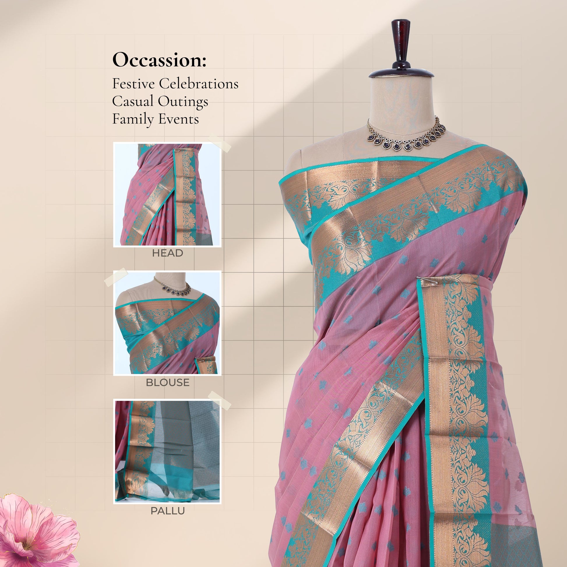 Elampillai silk cotton saree with floral zari border and butta motifs in pink  front draped view on mannequin.