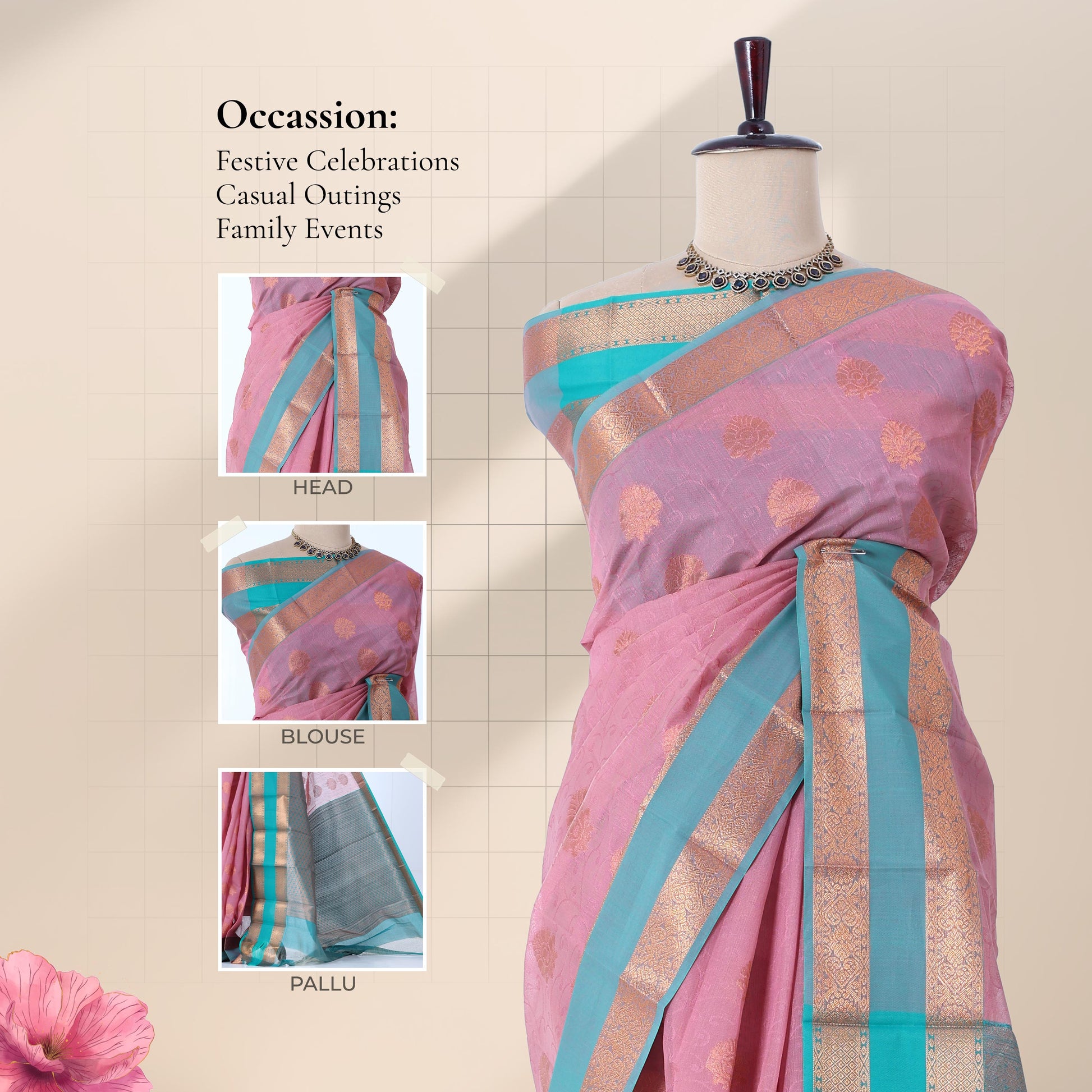 Elampillai silk cotton saree with floral butta motifs pink body and light blue zari border front draped view.