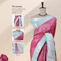 Elampillai silk cotton saree with pink leaf jaal weave and turquoise zari border, mannequin drape front view