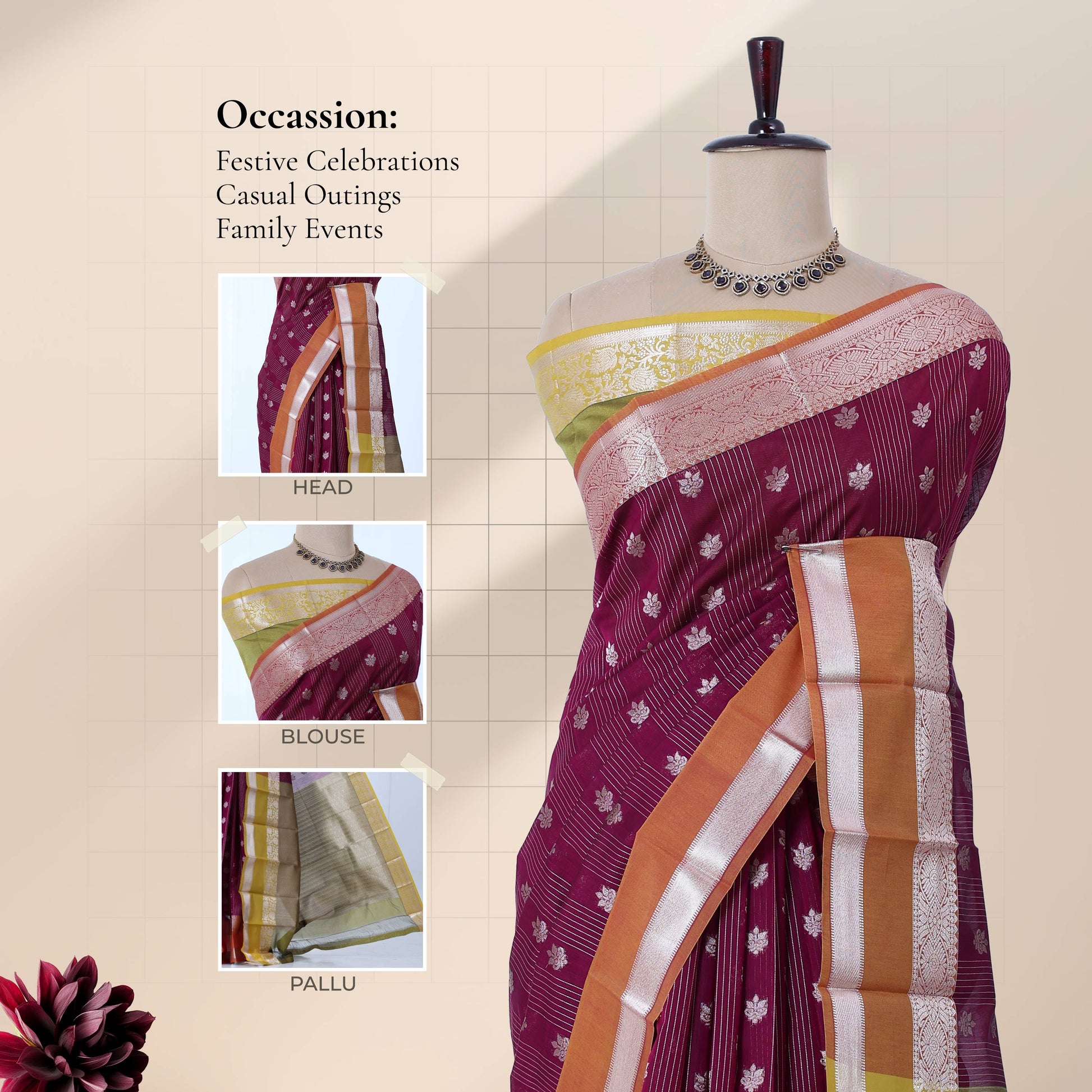 Elampillai silk cotton saree with silver zari border zari buttas and vertical stripes purple front draped view on mannequin