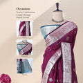 Purple Elampillai silk cotton saree with silver zari floral border, zari buttas and vertical stripes front view