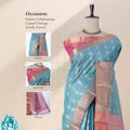 Elampillai silk cotton saree with floral zari buttas, striped body and contrast zari border front drape view on mannequin