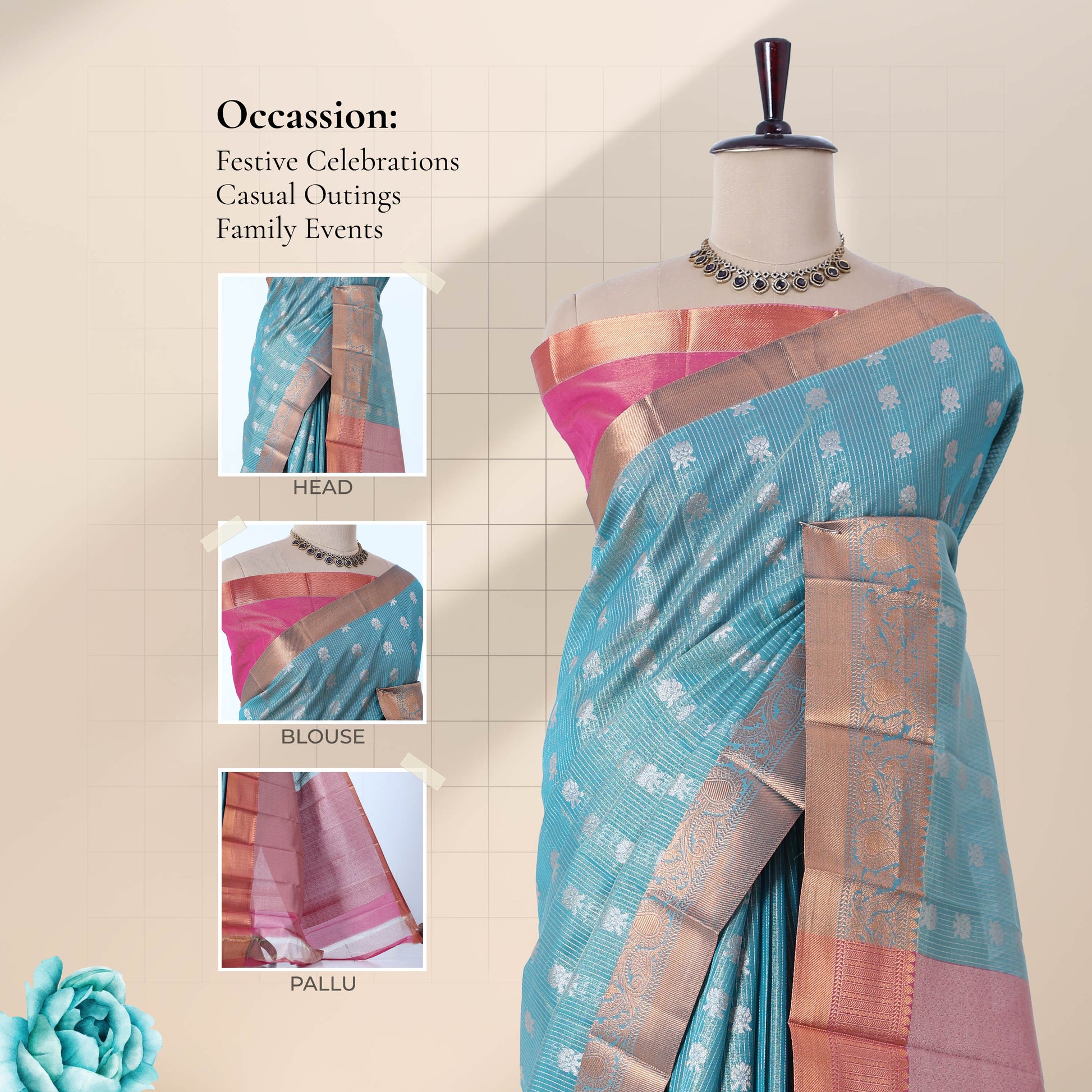 Elampillai silk cotton saree with floral zari buttas, striped body and contrast zari border front drape view on mannequin