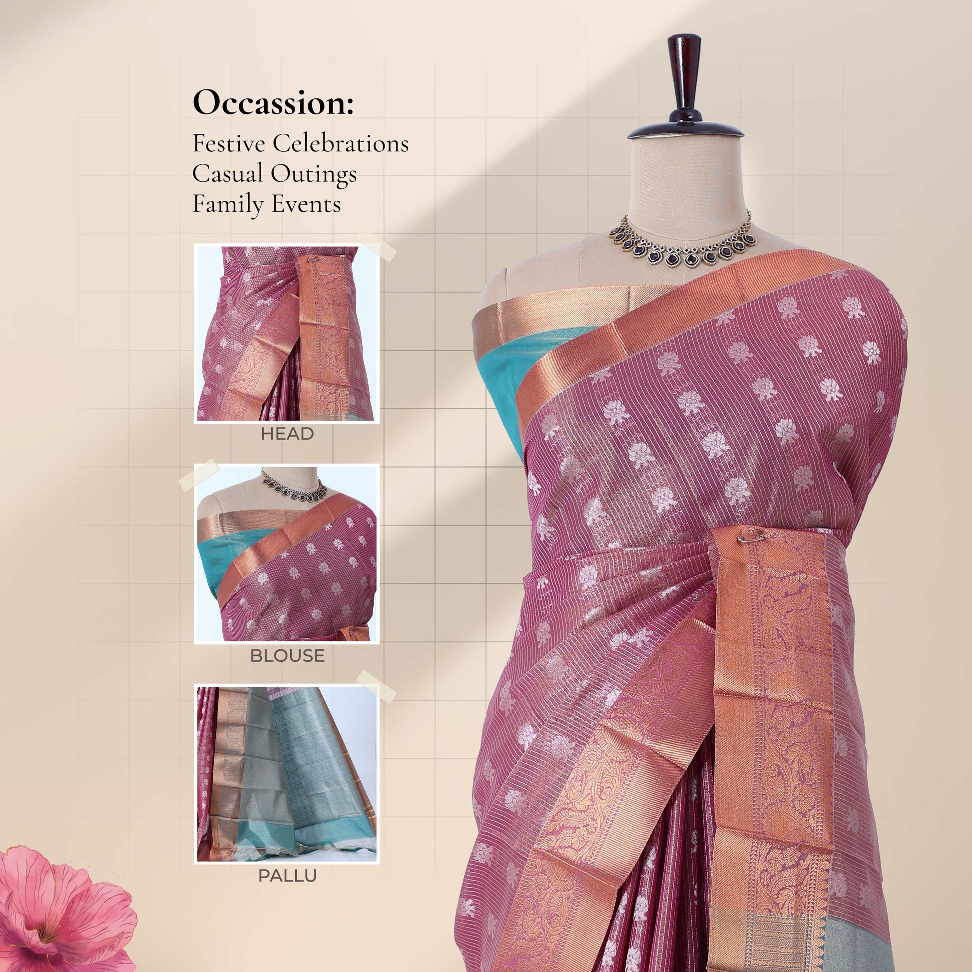 Elampillai silk cotton saree with floral zari buttas, striped body and contrast zari border front drape view on mannequin