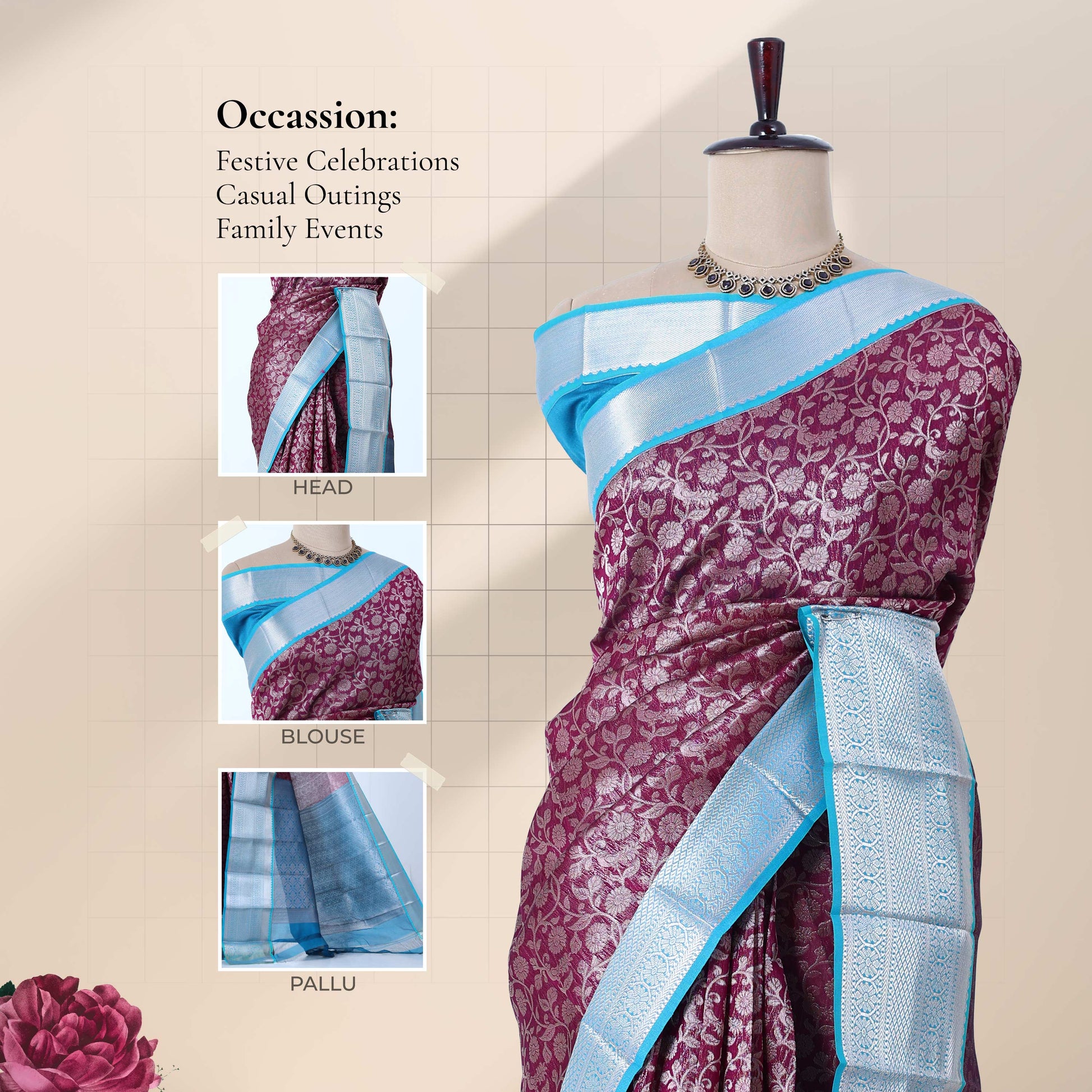 Elampillai silk cotton saree with purple leaf jaal weave and turquoise zari border front draped view on mannequin.