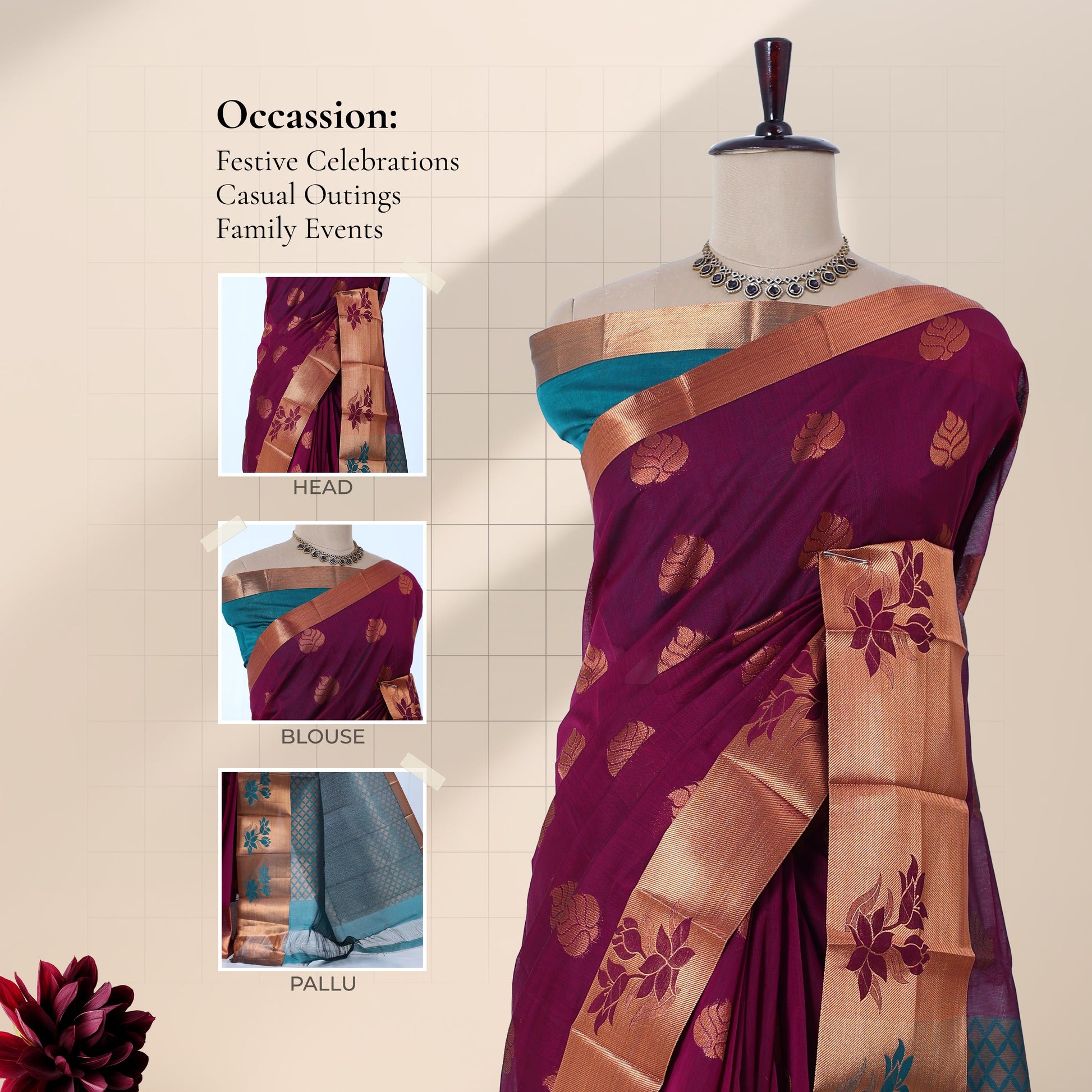 Purple Elampillai silk cotton saree floral buttas copper zari border and teal pallu mannequin front view.