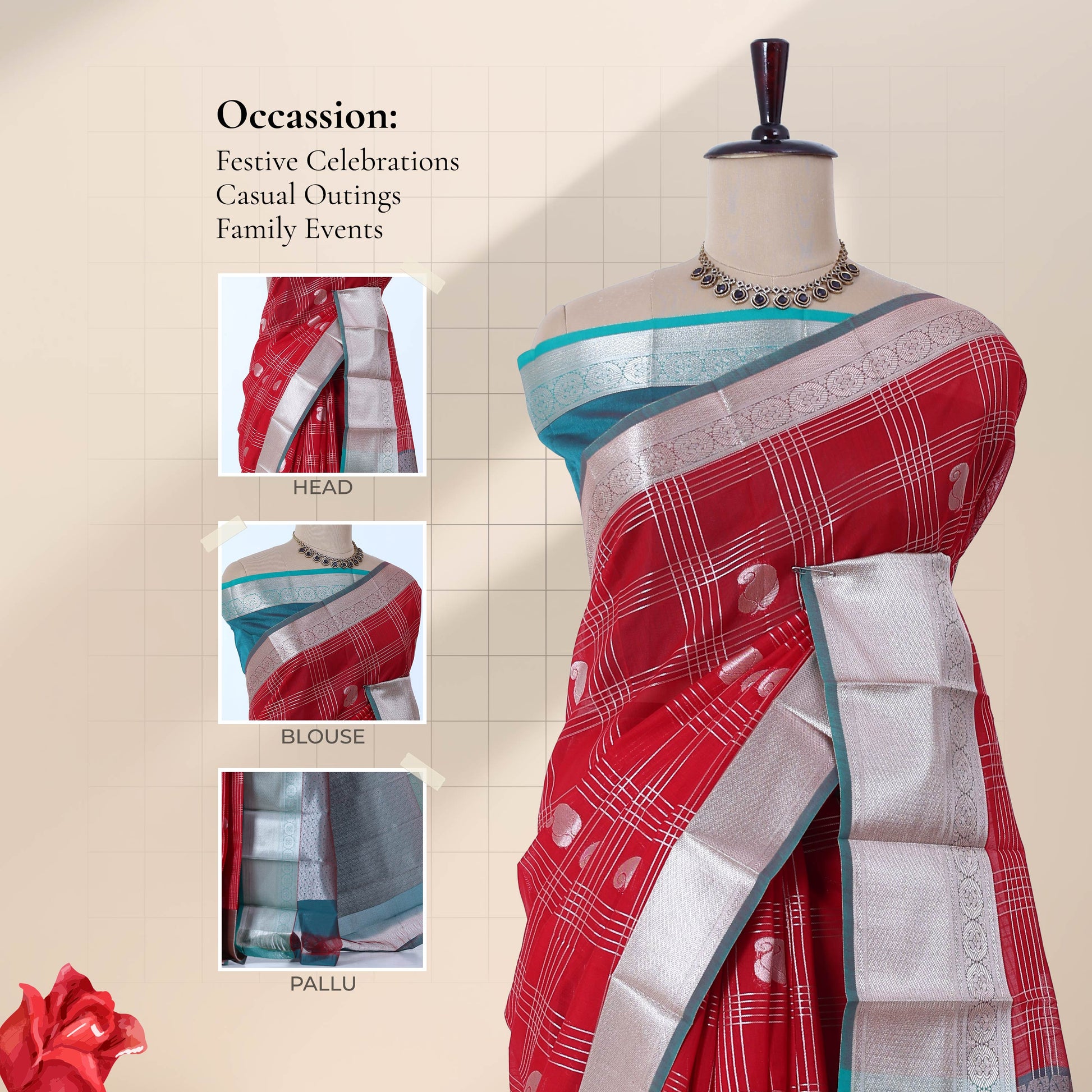 Elampillai silk cotton saree with floral butta checks pattern and silver zari border in red front draped view