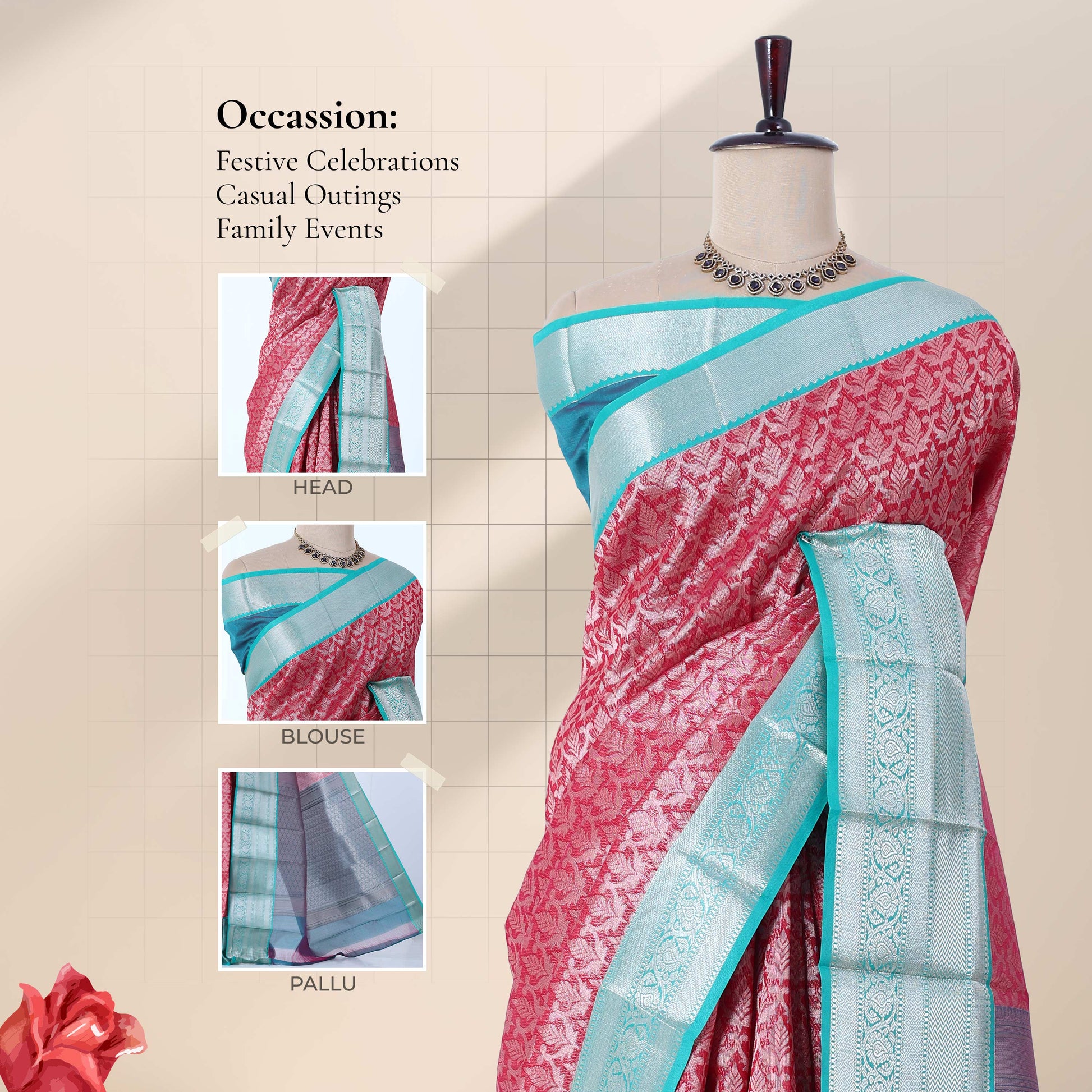 Elampillai silk cotton saree with red leaf jaal weave and turquoise zari border mannequin drape front view