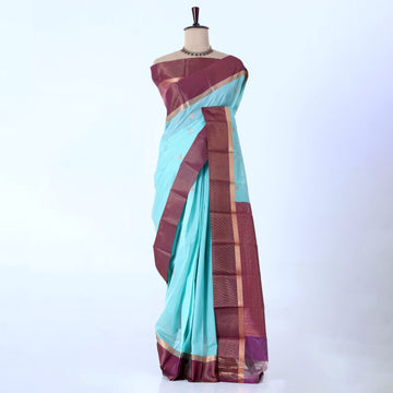 Sky Blue Elampillai Silk Cotton Sarees for Women | Festive & Family Events Collection | Jeyachandran - Full View