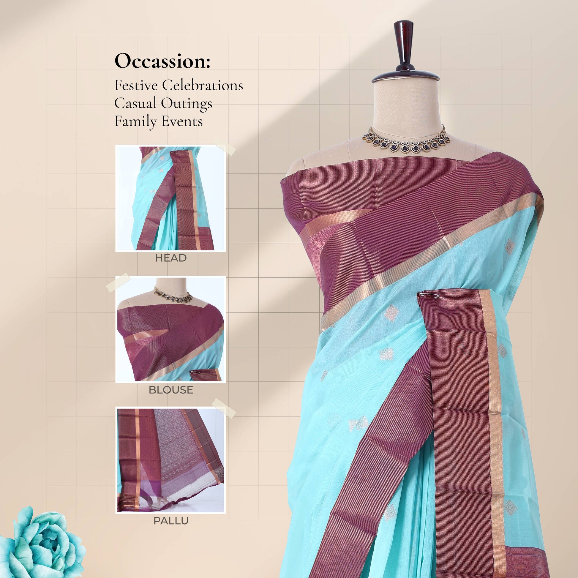 Sky blue Elampillai silk cotton saree with gold zari buttas and contrast maroon zari border front draped view on mannequin