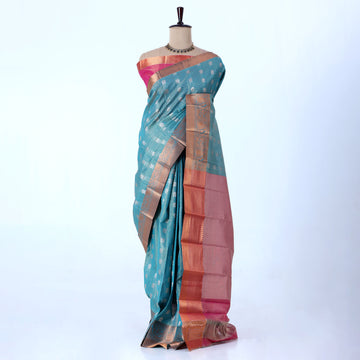 Teal Elampillai Silk Cotton Sarees for Women | Festive & Family Events Collection | Jeyachandran - Full View