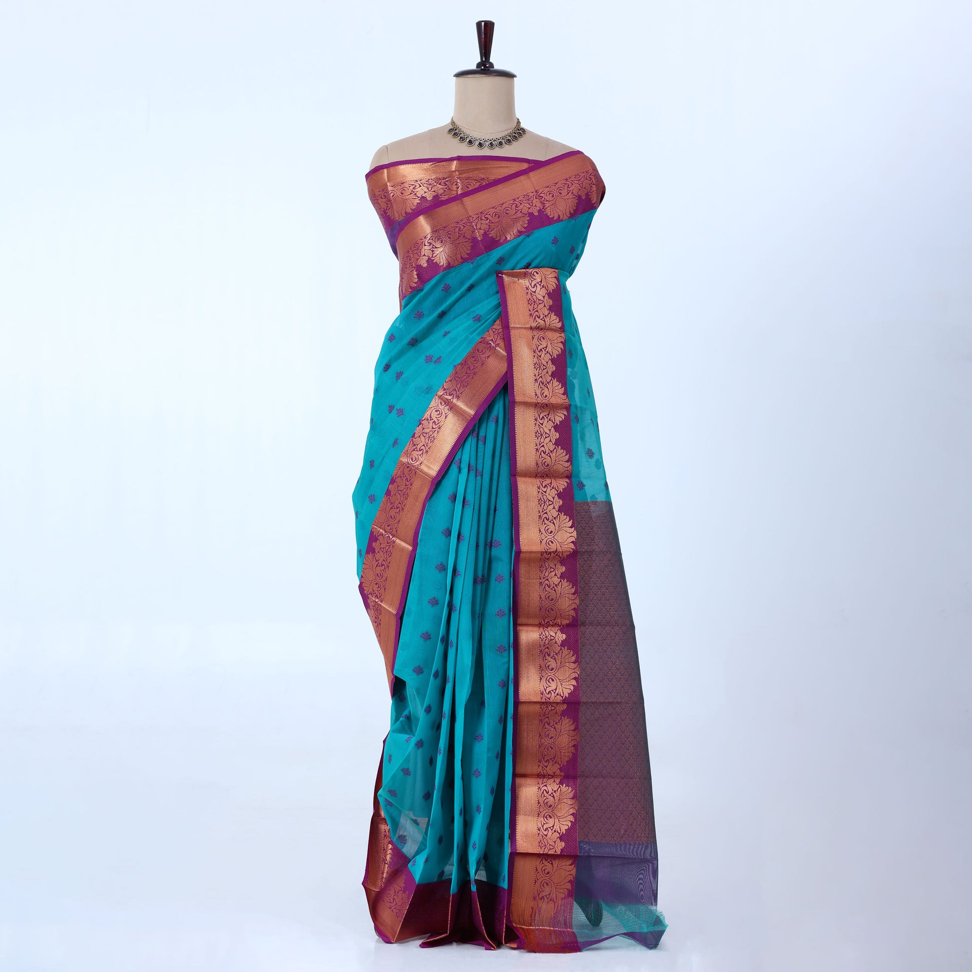 Teal Elampillai Silk Cotton Sarees for Women | Festive & Family Events Collection | Jeyachandran - Full View