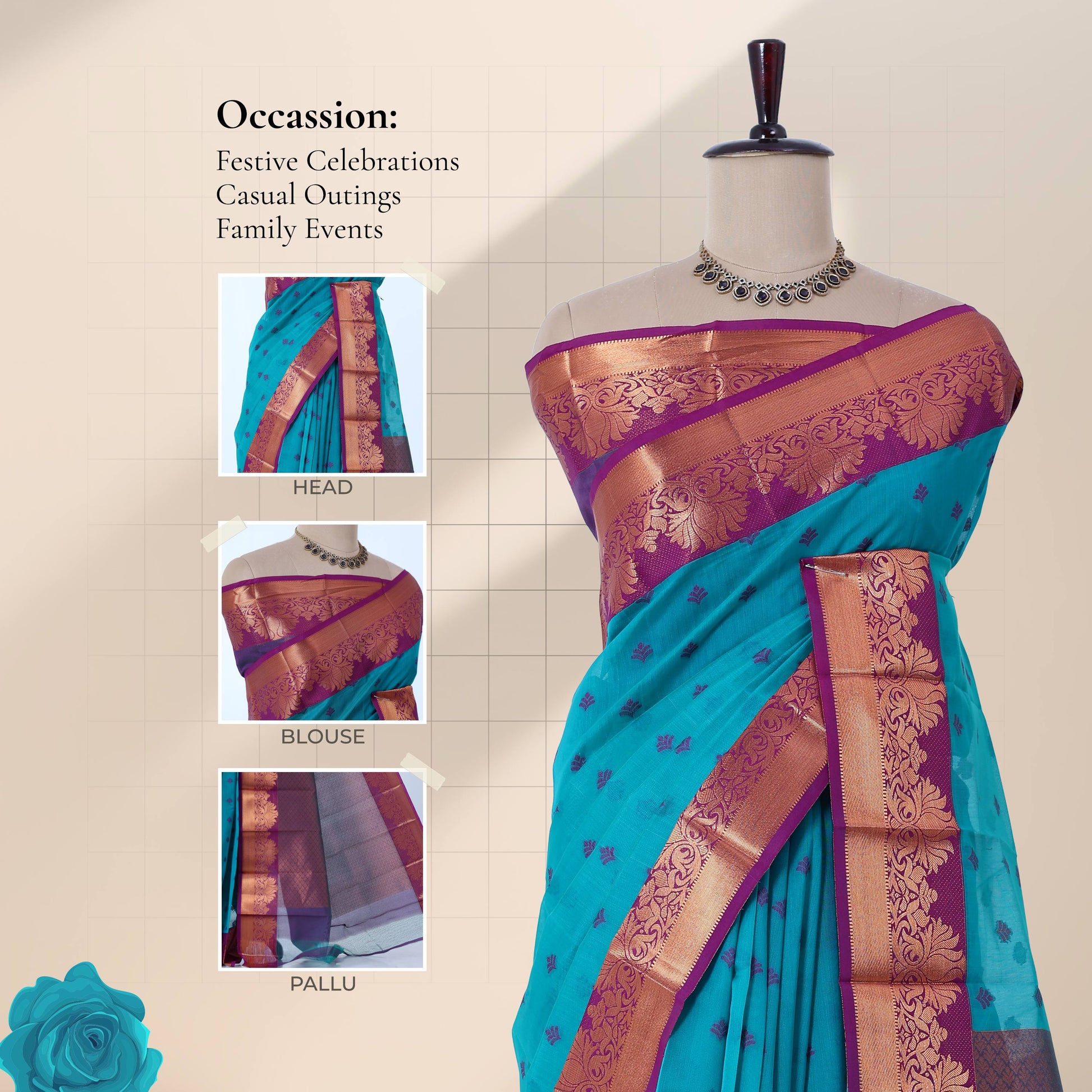 Elampillai silk cotton saree with floral zari border and butta motifs in teal  front draped view on mannequin.