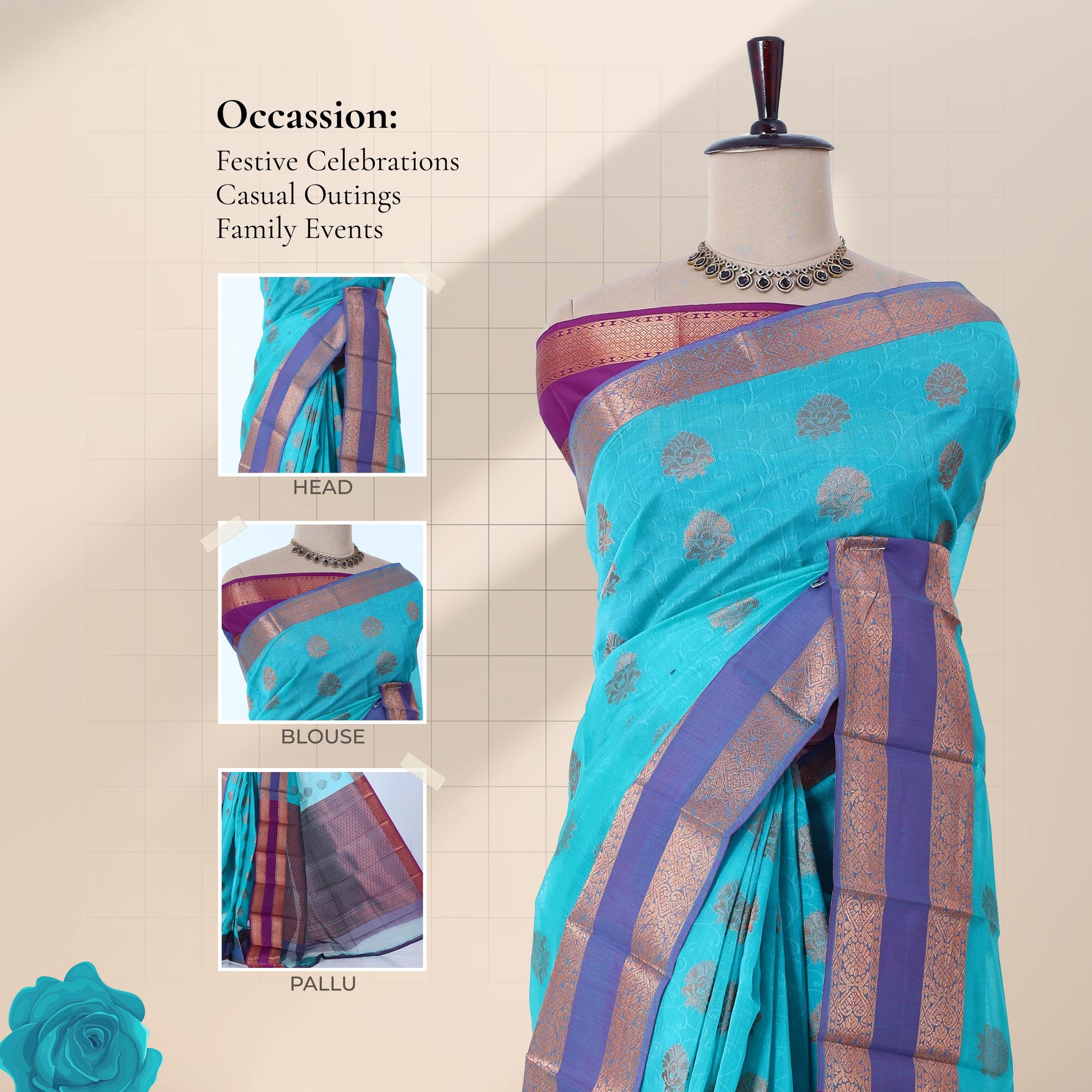 Elampillai silk cotton saree with floral butta motifs teal blue body and purple zari border front draped view.