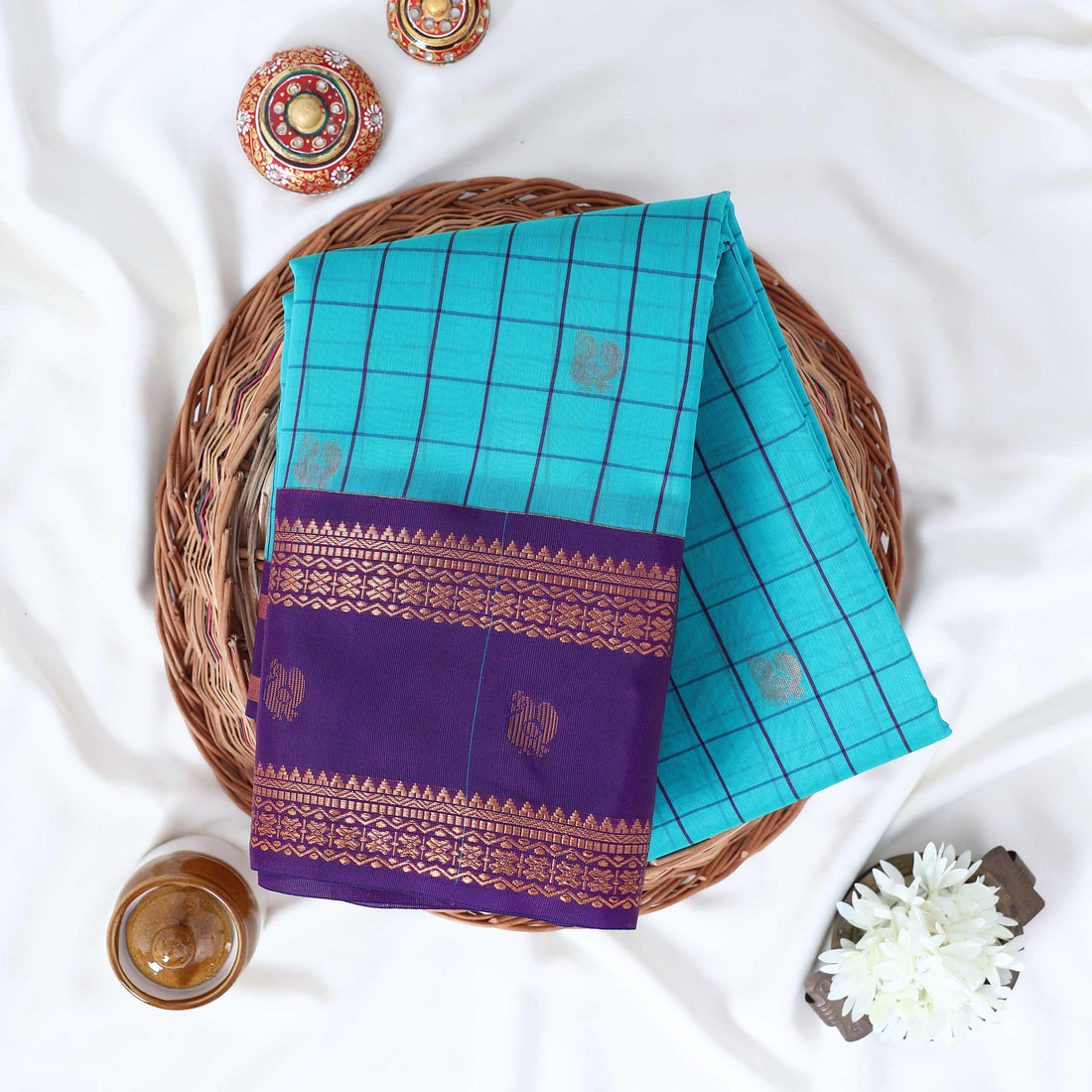 Teal Elampillai Silk Cotton Sarees for Women | Festive & Family Events Collection | Jeyachandran - Full View