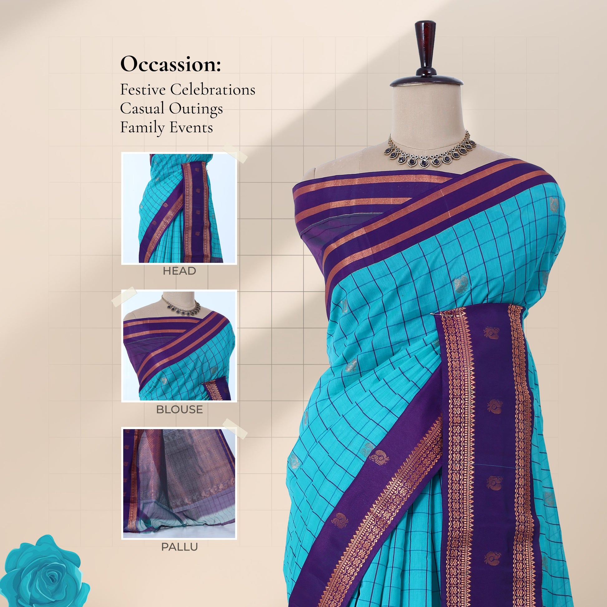 Elampillai silk cotton saree with teal body gold zari border and purple pallu front draped view on mannequin.