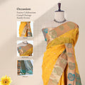 Yellow Elampillai silk cotton saree with zari square motifs and paisley woven border front draped view on mannequin