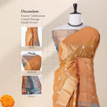 Elampillai silk cotton saree with floral zari buttas, striped body and contrast zari border front drape view on mannequin