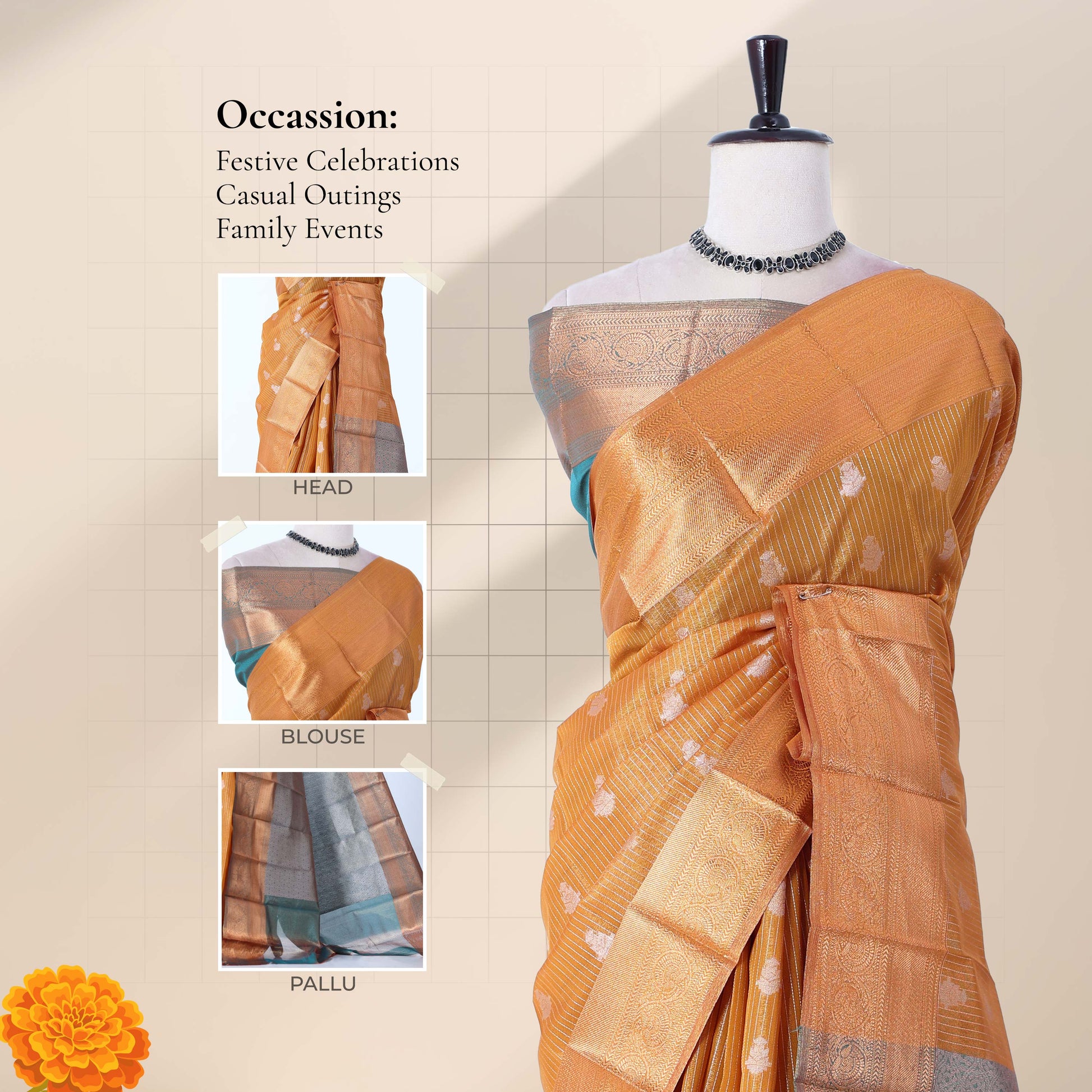 Elampillai silk cotton saree with floral zari buttas, striped body and contrast zari border front drape view on mannequin