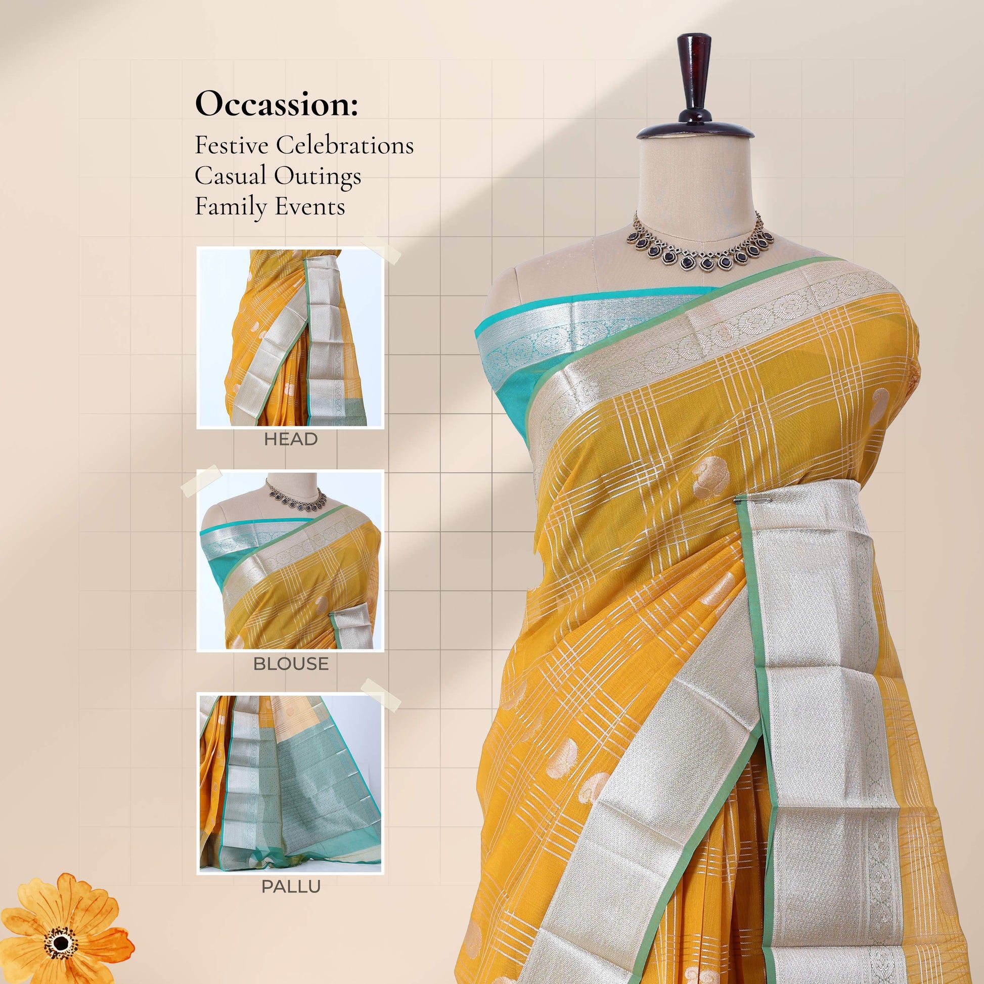 Elampillai silk cotton saree with floral butta checks pattern and silver zari border in yellow front draped view.