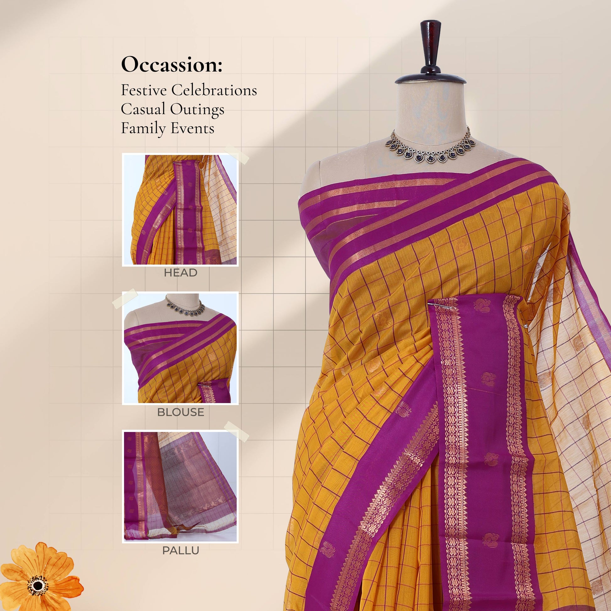 Elampillai silk cotton saree with yellow body gold zari border and pink pallu front draped view on mannequin.
