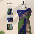Kanchi Cotton Saree With Green Body Royal Blue Zari Border And Pallu Front Draped View On Mannequin
