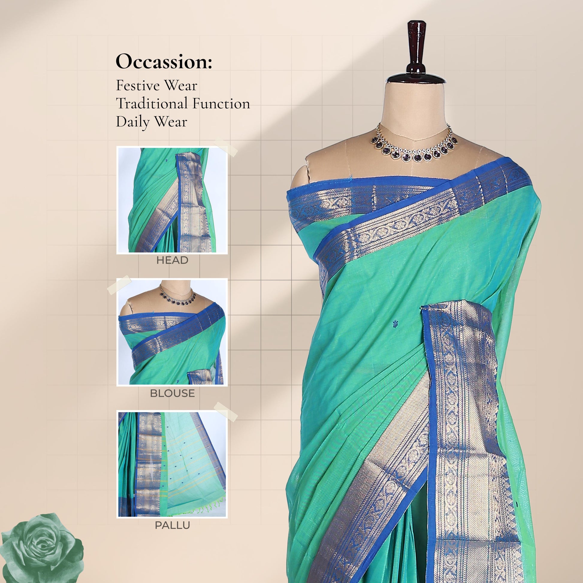 Kanchi Cotton Saree With Turquoise Green Body And Royal Blue Zari Border Front View On Mannequin
