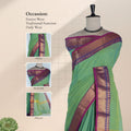 Kanchi Cotton Saree With Zari Border In Light Green And Magenta Traditional Drape Front View On Mannequin
