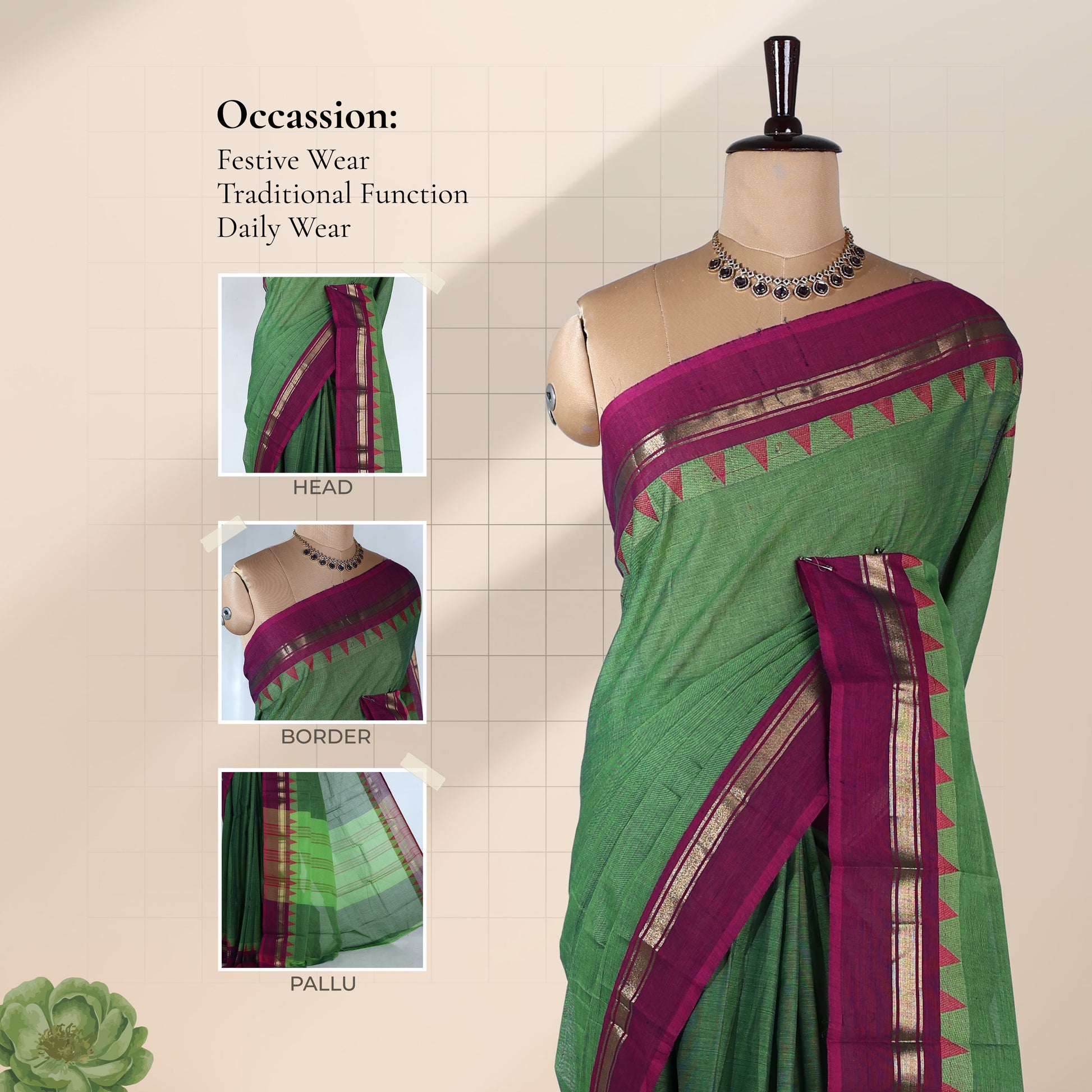 Kanchi Cotton Saree With Green Body And Magenta Zari Border Elegant Traditional Drape Front View
