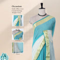 Mul Mul cotton saree with green body gold zari border and white drape front mannequin view with styling details
