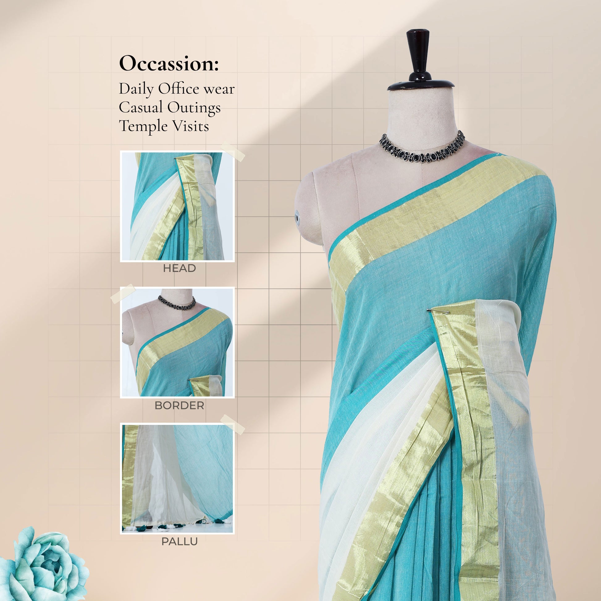 Mul Mul cotton saree with green body gold zari border and white drape front mannequin view with styling details