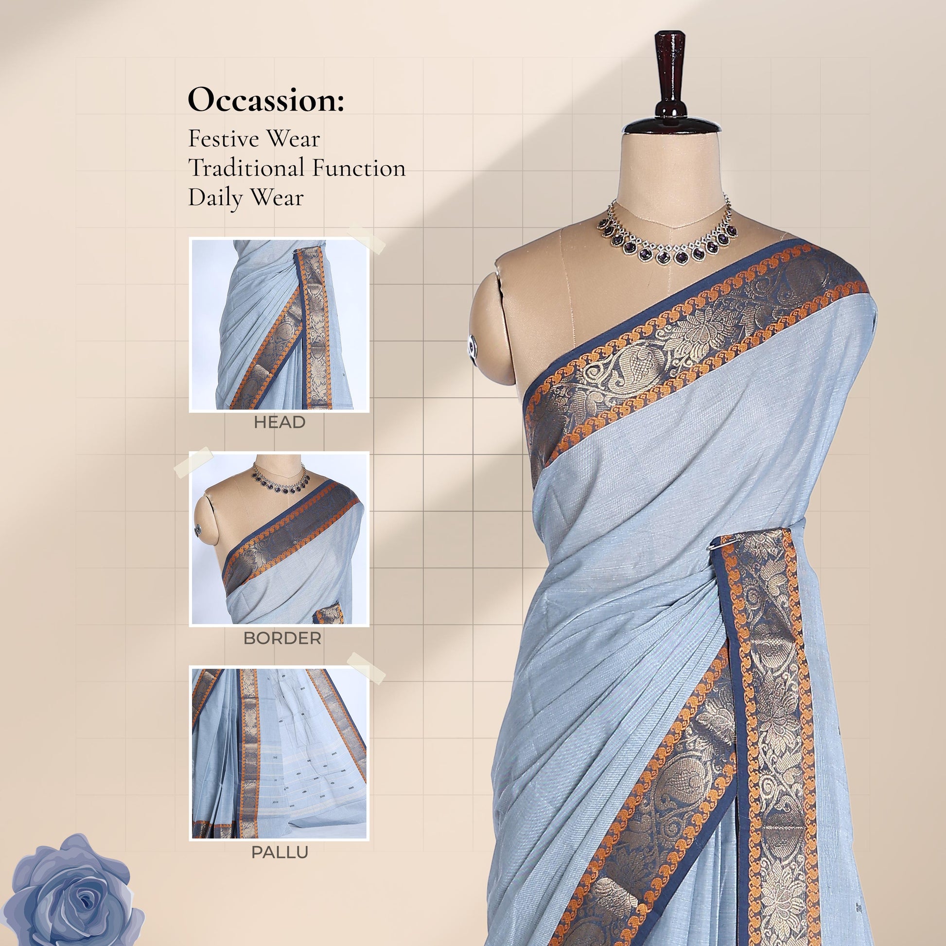 Kanchi Cotton Saree With Elegant Grey Body And Ornate Navy Gold Zari Border Draped On Mannequin Front View
