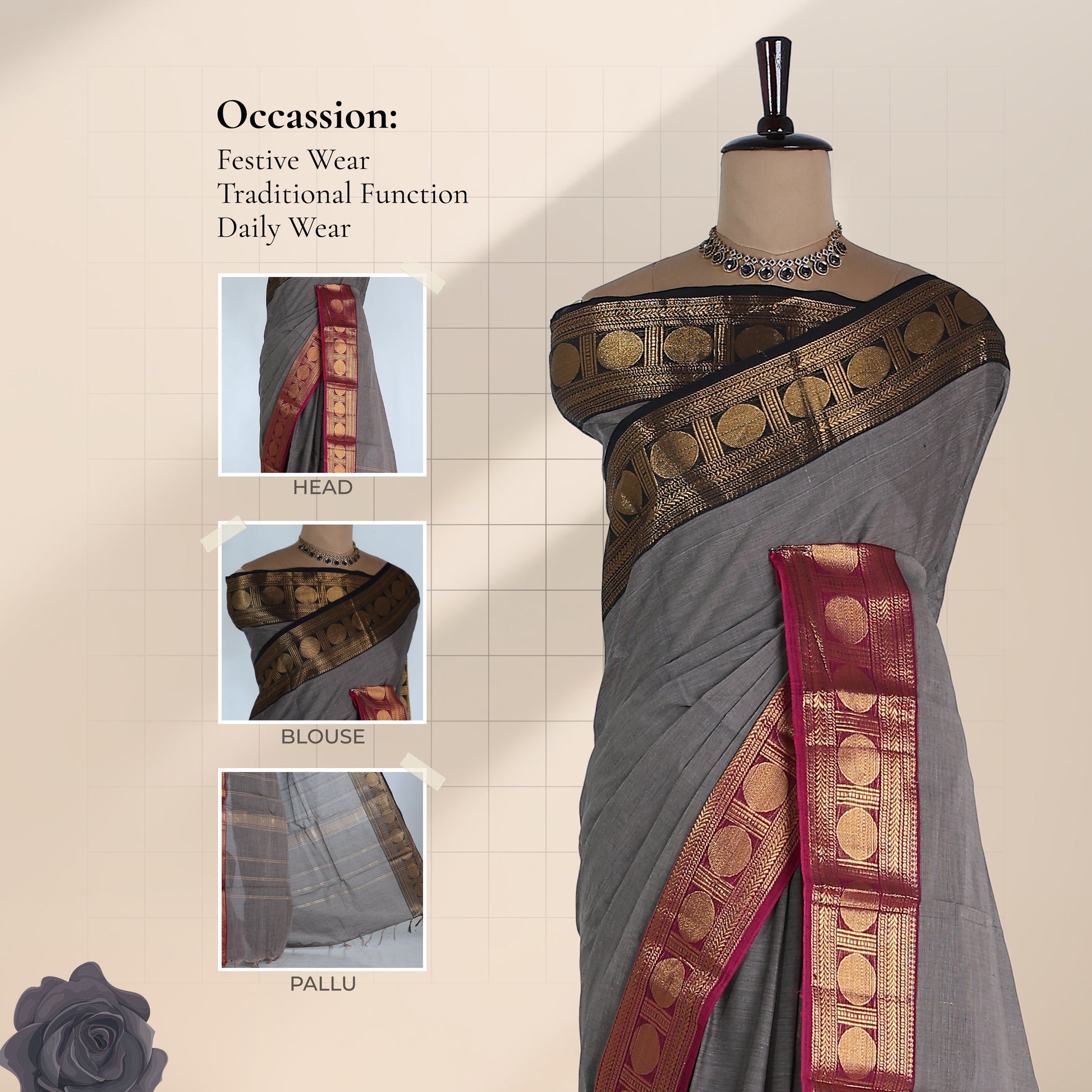Kanchi Cotton Saree With Zari Border In Grey And Maroon Traditional Woven Design Front Draped View
