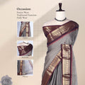 Kanchi Cotton Saree With Ash Grey Body And Maroon Zari Border Front Drape View On Mannequin
