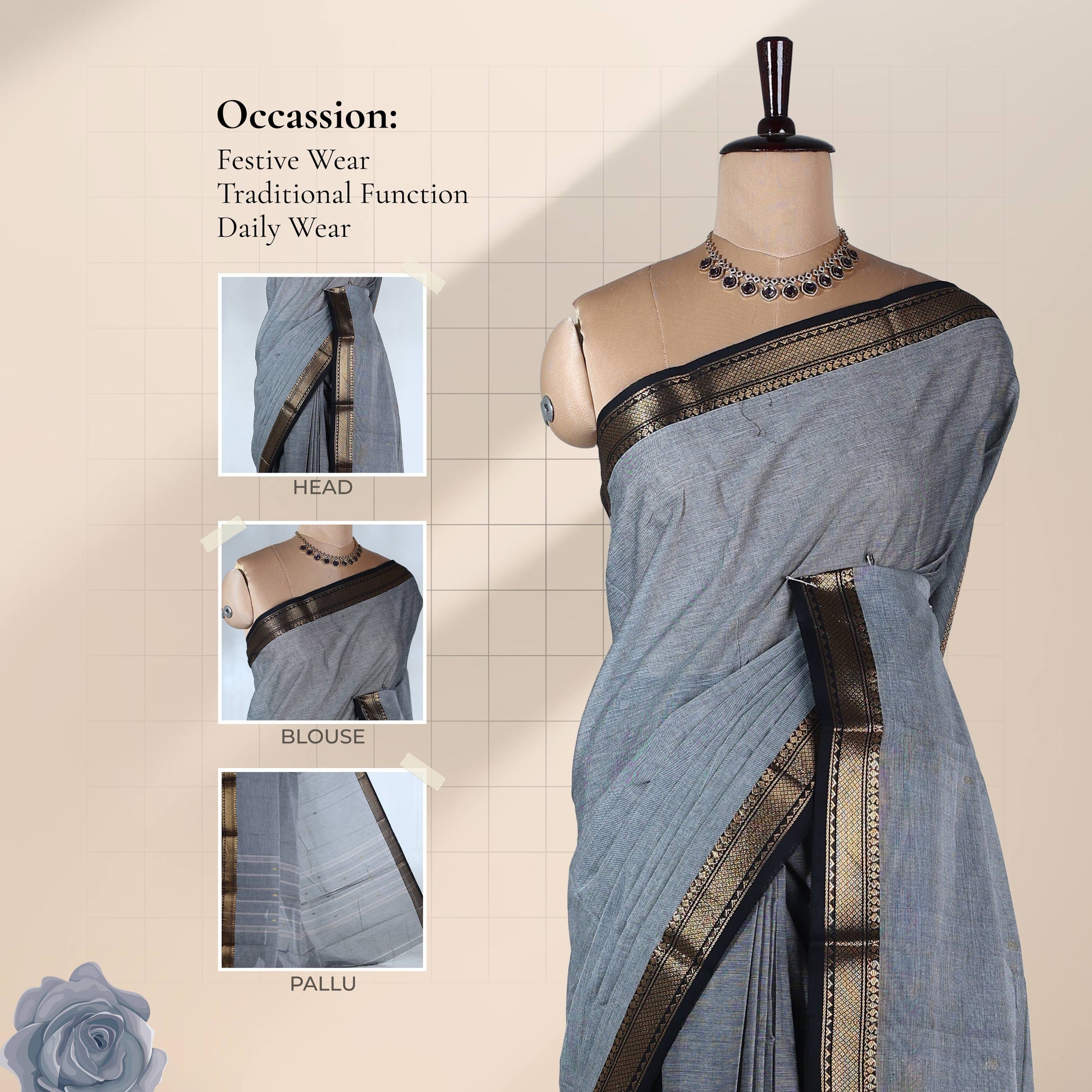 Grey Kanchi Cotton Saree Featuring A Black And Gold Zari Border Front View Displayed On A Mannequin
