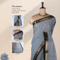 Grey Kanchi Cotton Saree Featuring A Black And Gold Zari Border Front View Displayed On A Mannequin
