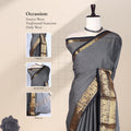 Kanchi Cotton Saree Featuring  Gold Woven Border In Charcoal Grey Folded Neatly Top View Product Display

