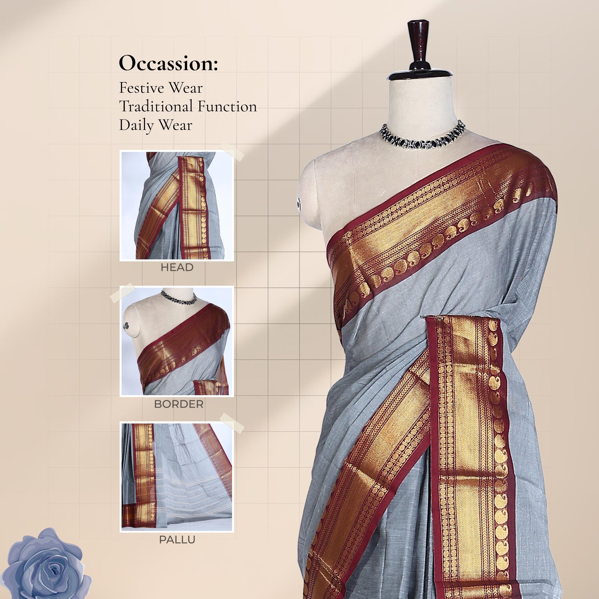 Kanchi Cotton Saree With Grey Body And Maroon Gold Zari Border Front Draped View On Mannequin

