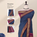 Kalyani Cotton saree with blue checked body and black zari woven border, front drape close-up with design details.