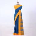 Kalyani Cotton saree with blue body and yellow zari border, front drape view