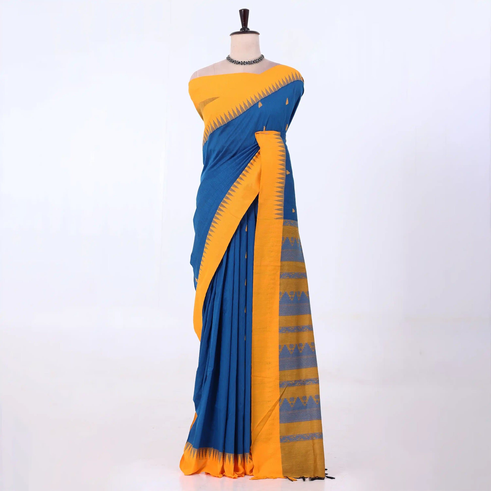 Kalyani Cotton saree with blue body and yellow zari border, front drape view