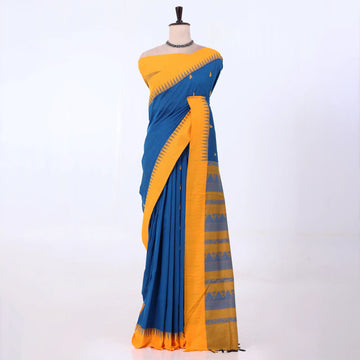 Kalyani Cotton saree with blue body and yellow zari border, front drape view