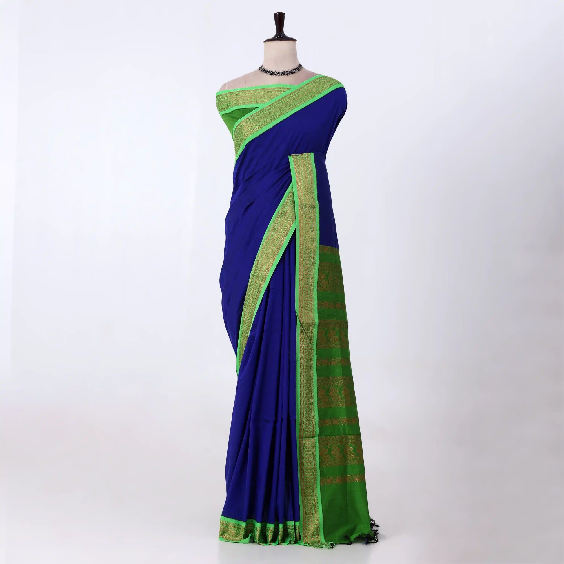 Kalyani Cotton saree with royal blue body and green zari woven border, front drape view