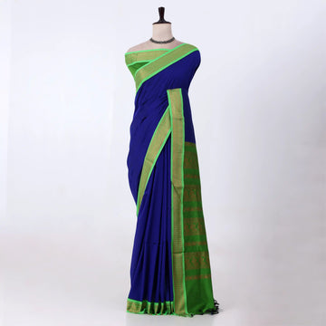 Kalyani Cotton saree with royal blue body and green zari woven border, front drape view