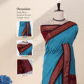 A teal blue saree with a wide maroon border with close-ups head, blouse, and pallu. 