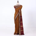 Kalyani Cotton saree with deep brown body and maroon zari woven border, front drape view